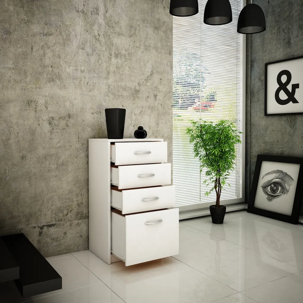 Commode Gain de Place 4 Tiroirs Blanc Mat - Buffet Compact 45cm - 2