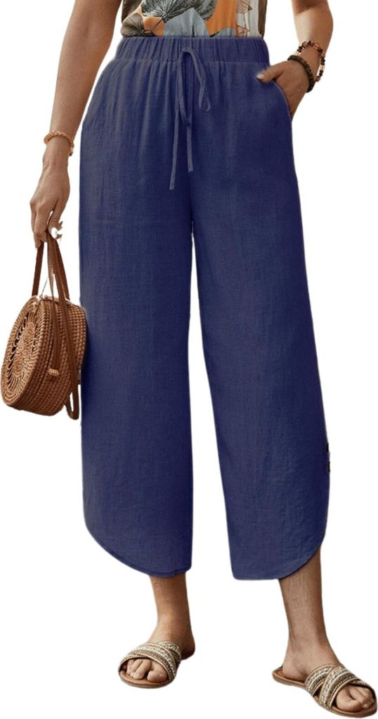ASKSA Damen 7/8 Hose Leinenhose Laenge High Waist Weitem Bein Freizeithosen Casual Lose Leicht Sommerhose mit Taschen (Dunkelblau,S)