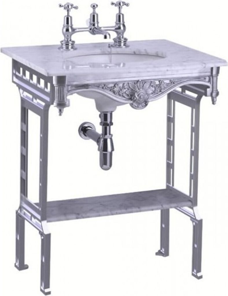Casa Padrino Luxus Jugendstil Stand Waschtisch Weiß / Aluminium mit Marmorplatte und Ablage Barock Waschbecken Barockstil Antik Stil