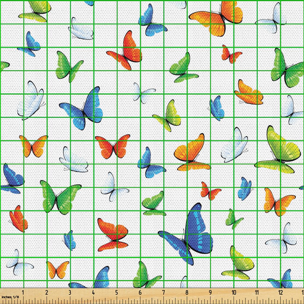 ABAKUHAUS Schmetterlinge Gewebe als Meterware, Schmetterlinge Tier Clipart Umwelt Design Freudiges Design Cartoon Tropen, 2 M (148 x 200 cm), Mehrf...
