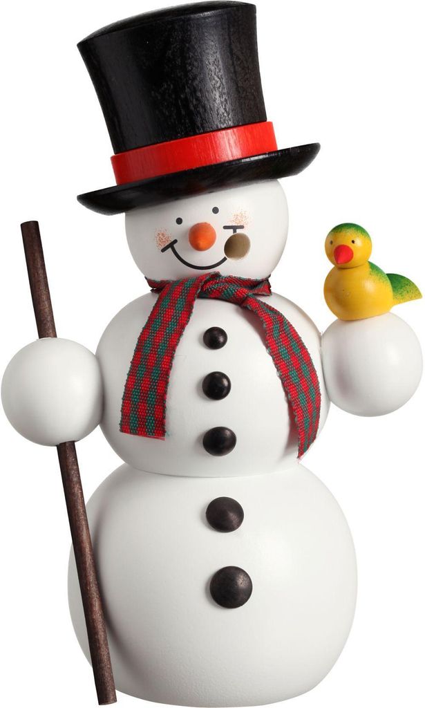 Schneemann mit Vogel (15cm) Räuchermann von Seiffener Volkskunst