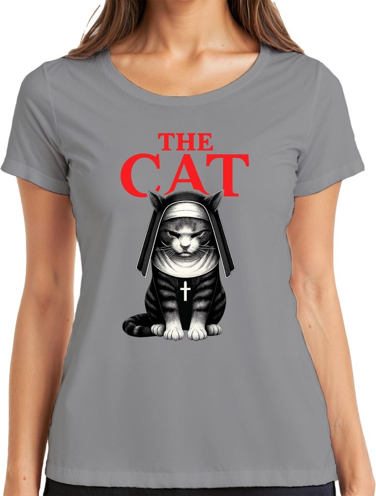 Katze Nonne Gothic Horror Kreuz Halloween The Cat Nun Film Dunkel Damen T-Shirt, Grau, L