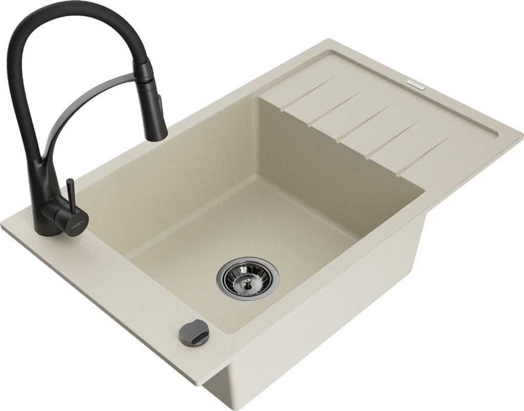 Mexen Elias 1 Becken-Granitspüle mit Abtropffläche und Mischbatterie Aster, Beige - 6511-69-73450-70-B