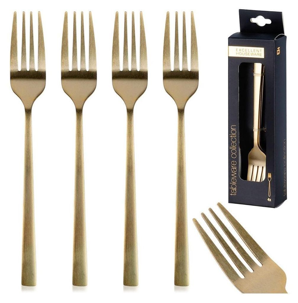 Dessertgabeln für Kuchen und Snacks, Stahl, Gold, 4 Stück, Produktbild 