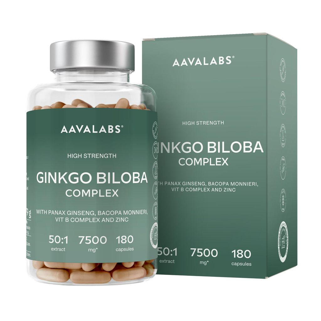 A bottle of Ginkgo Biloba Complex capsules and its packaging.
