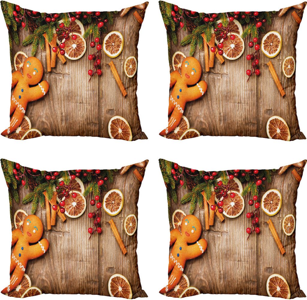 ABAKUHAUS Lebkuchenmann Kissenbezug Set (4 Stück), Rustic Thema, Moderner Doppelseitiger Digitaldruck, 45 cm x 45 cm, Braun Orange Rot
