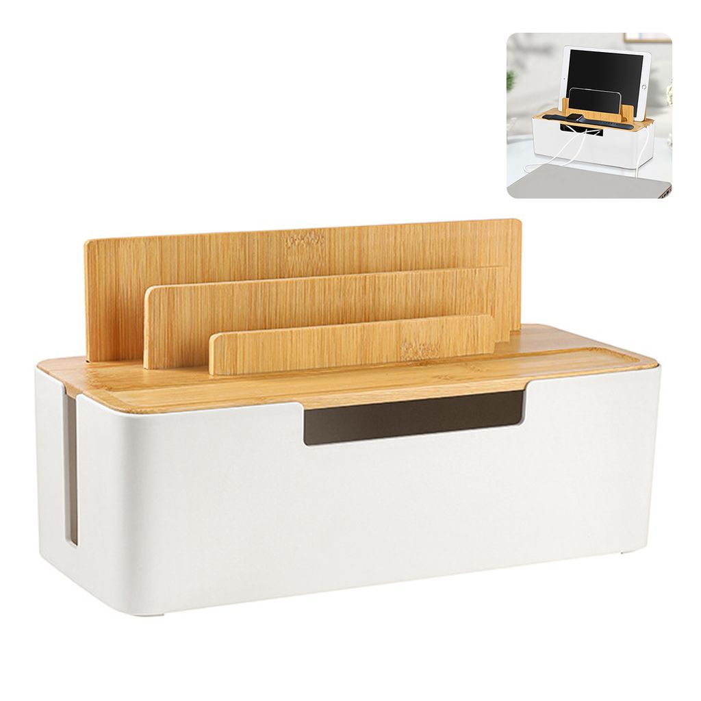 Kabelmanagement Box mit Bambusdeckel, Kabel Organizer für ordentliches Verstauen, Steckdosenbox für Schreibtisch, für Mobiltelefone, Tablets, Weiß