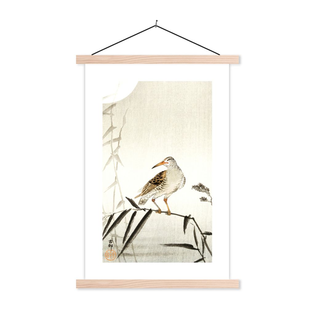 MuchoWow Textilposter Japan - Vogel - Blätter - Skandinavisch 120x180 cm mit holzfarbenen Rahmen - Textil-Plakat