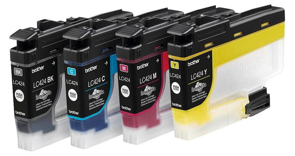 Four Brother ink cartridges are lined up and angled towards the viewer.