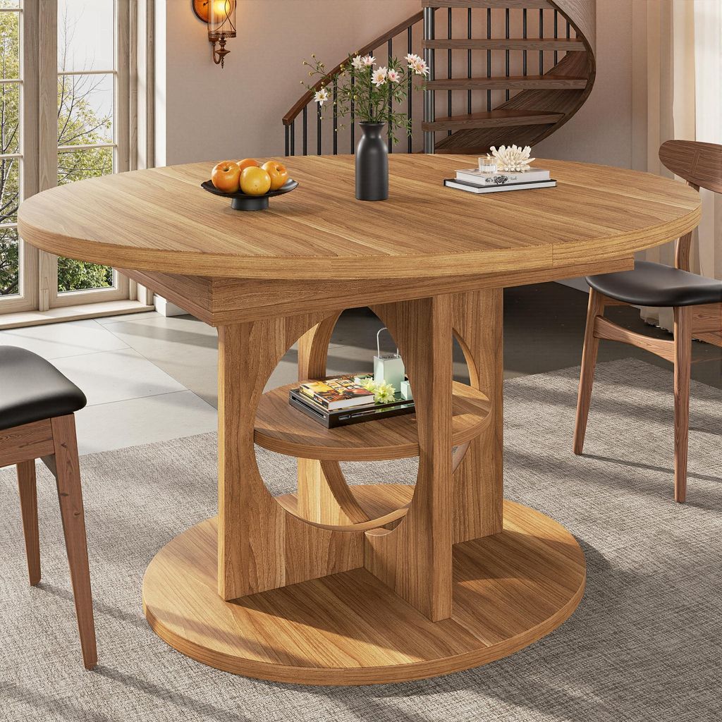 okwish Küchentisch mit ausziehbarer Tischplatte, Esstisch mit offener Stauraum, abgerundetes Design, für kleine Wohnungen in Holz