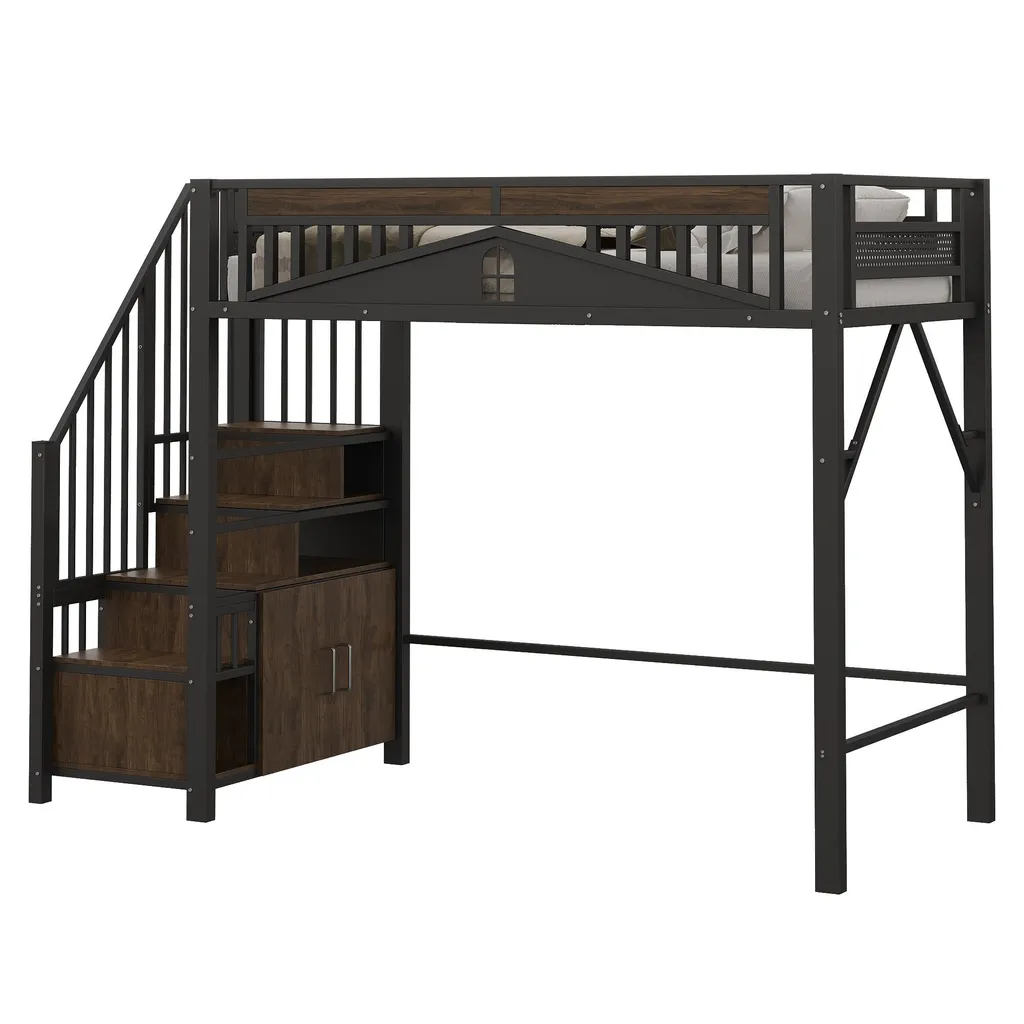 Lit superposé en métal noir 90x200cm avec armoire et escalier de tri
