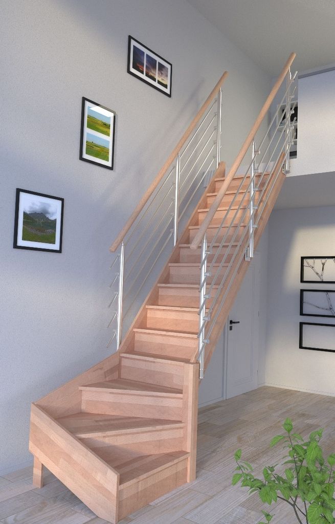 Holztreppe Rhodos in 1/4 gewendelter Ausführung rechts-Buche-rechts-Design Geländer Edelstahl-beidseitig-mit Setzstufen