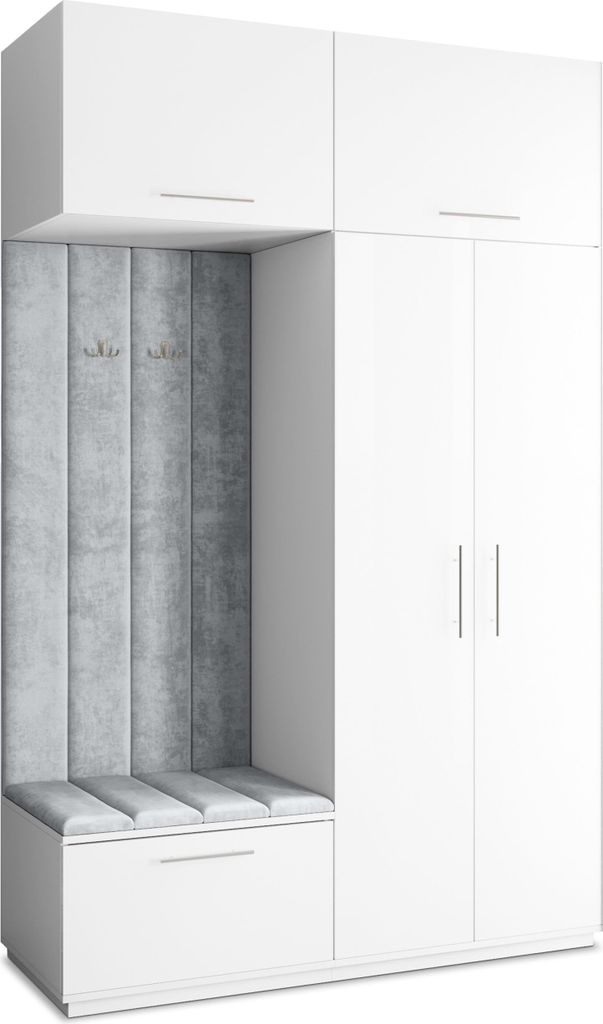 Masseno Garderobe-Set REMA 150/240/60 cm Modern Garderobenschrank Weiß, Veloursstoff MONOLITH 84 (Hellgrau)