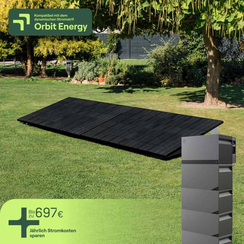 Balkonkraftwerk für Garten mit 2 Modulen & Speicher Avocado Orbit M (10,55 kWh) - 5m Anschlusskabel - priFlat Duo