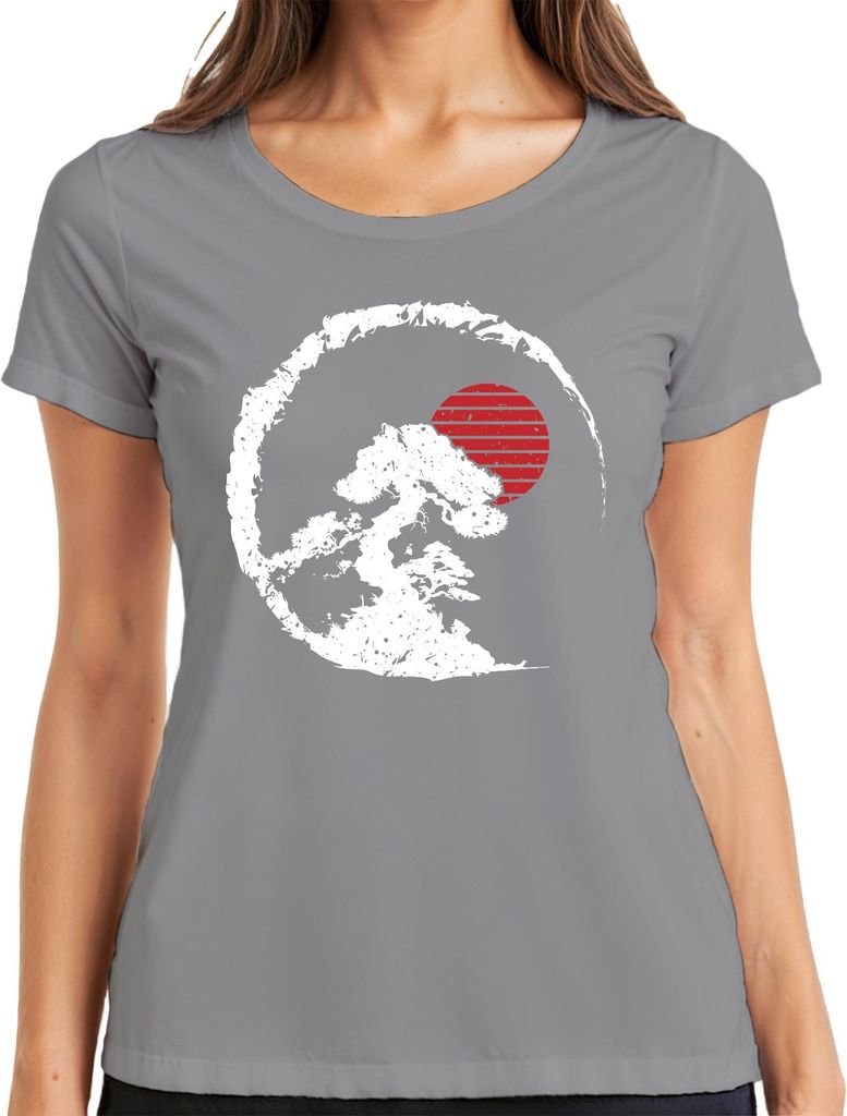 Bonsai Baum Zen Japan Enso Kreis Rote Sonne Vintage Retro Grunge Damen T-Shirt, Grau, S