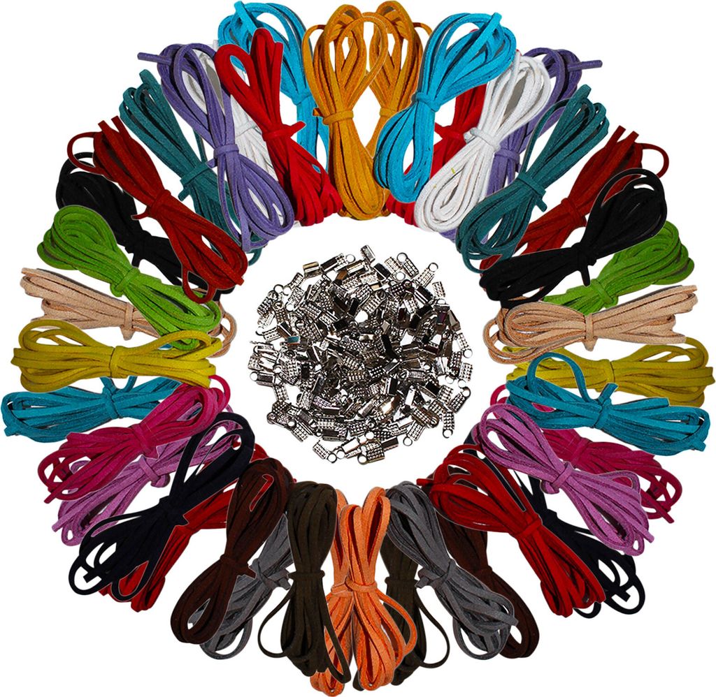 Curtzy 40 Stück 1m x 3mm Faux Wildleder Schnur String mit 200 Stück Schnurenden - Leder Schnur Faden fur Armband, Halskette, Schlüsselanhänger,