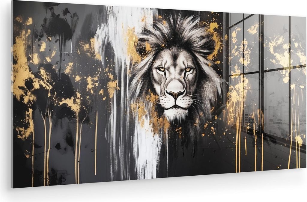 MuchoWow Glasbilder - Bilder auf Wandbild - Foto auf Glas Löwe - Porträt - Farbkleckse - Grau 80x40 cm Wanddekoration aus Glas - Acrylglasbild - ...