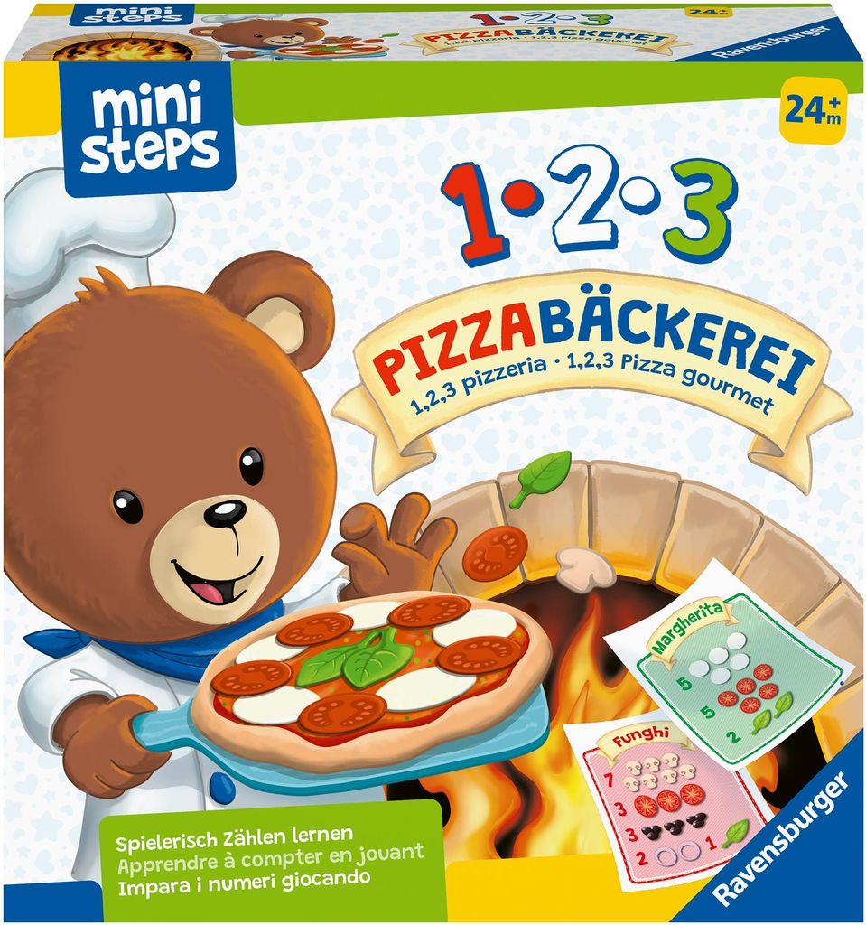 A children's board game box featuring a cartoon bear chef holding a pizza, with a pizza oven in the background.