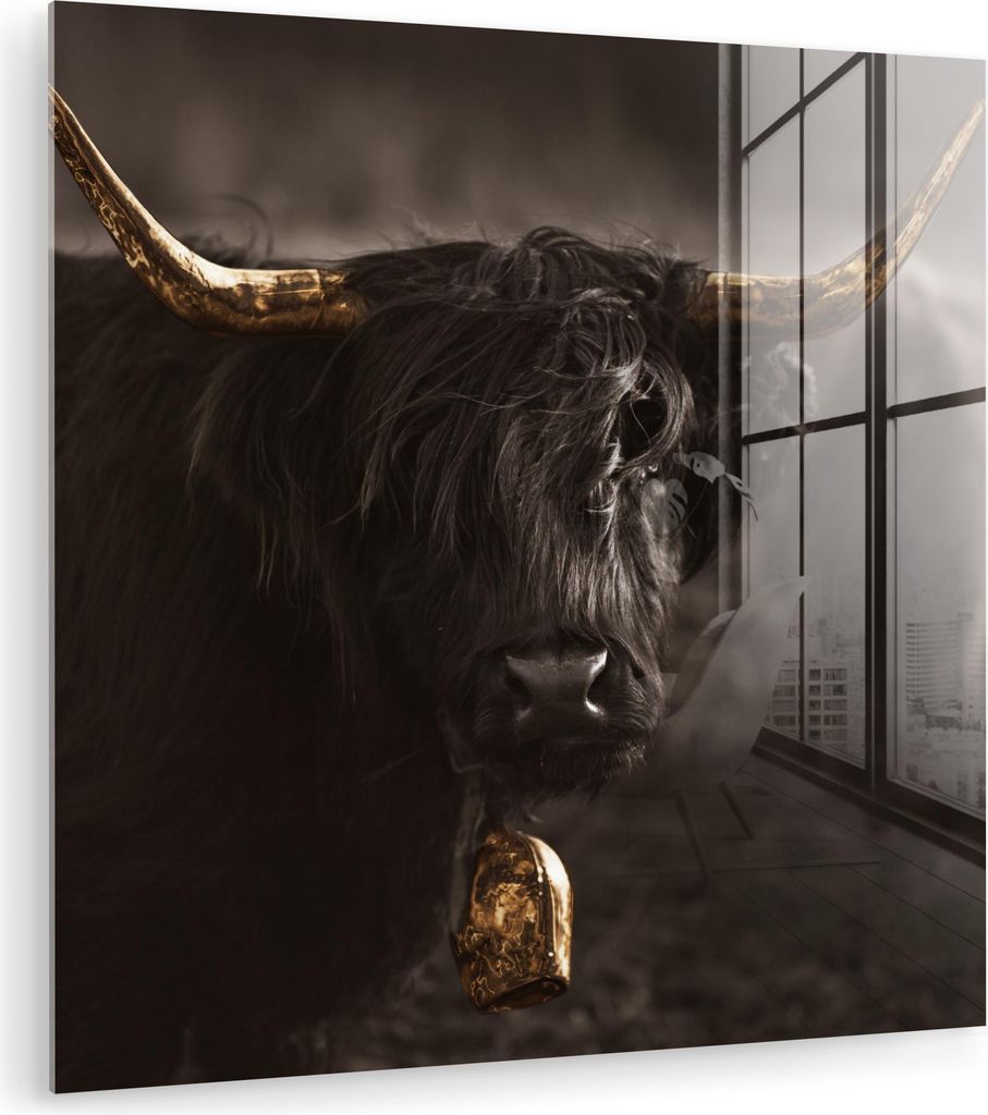 MuchoWow Glasbilder - Bilder auf Wandbild - Foto auf Glas Schottisches Hochlandrind - Gold - Kuhglocke - Hörner - Tiere 50x50 cm Wanddekoration au...
