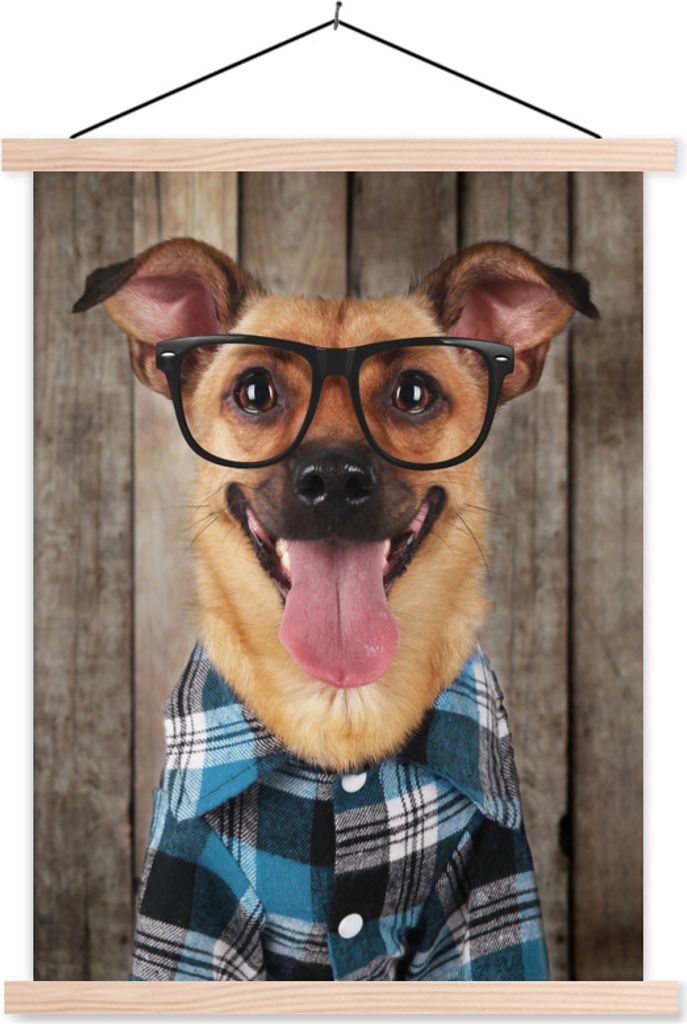 MuchoWow Textilposter Hund - Brille - Bluse - Hipster 120x160 cm mit holzfarbenen Rahmen - Plakatkarton