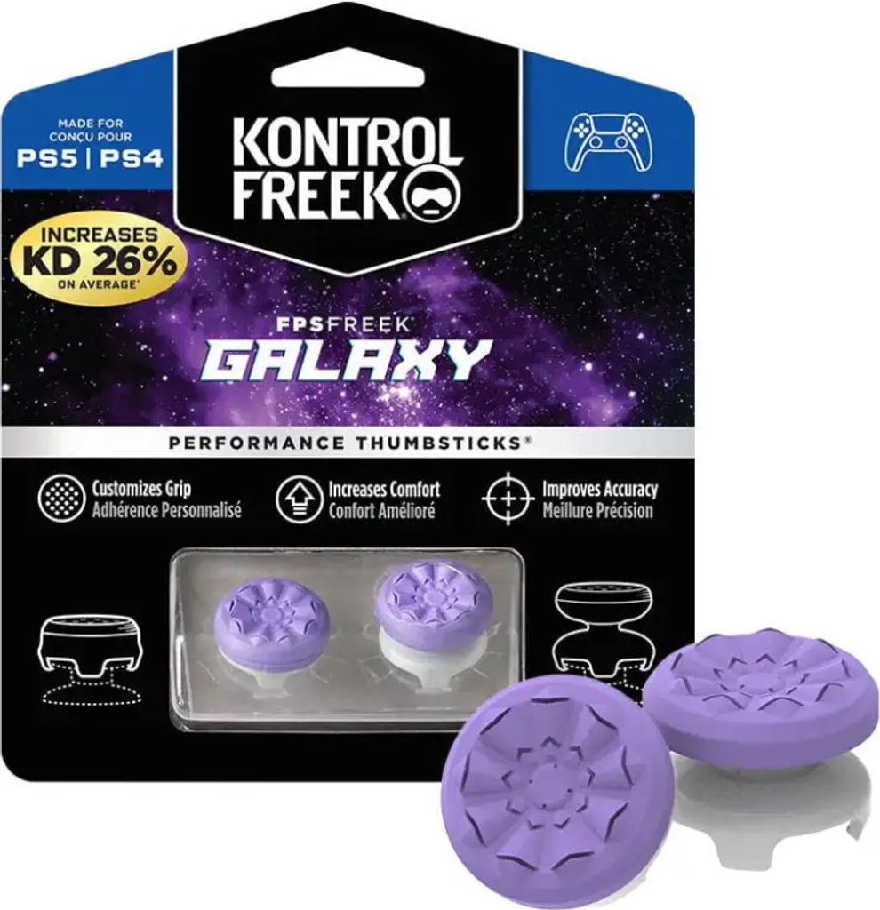 The image shows the retail packaging for KontrolFreek FPS Freek Galaxy performance thumbsticks for PS5 and PS4 controllers.