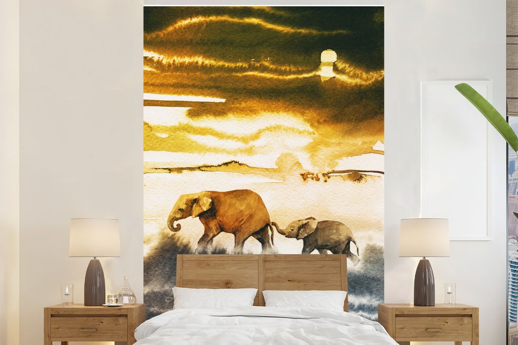 MuchoWow Fototapete für Wohnzimmer oder Schlafzimmer Wandtapete Vinyl Motivtapete Elefant - Schwanz - Gelb - Blau - 145x220 cm - Wanddekoration