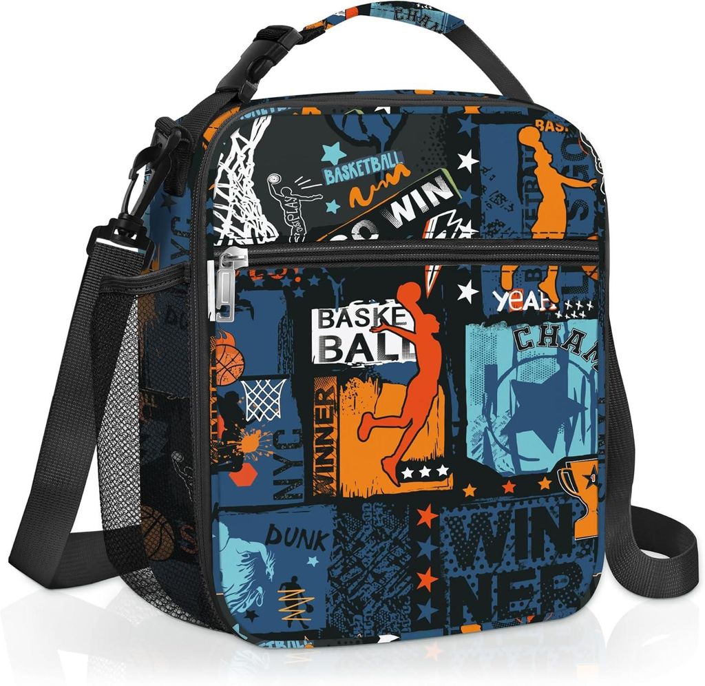 Schwarze isolierte Lunch-Tasche für Kinder im Street-Basketball-Design, kleine Kühltasche für Jungen mit Flaschenhalter, wasserdichte Lunch-Tasc...