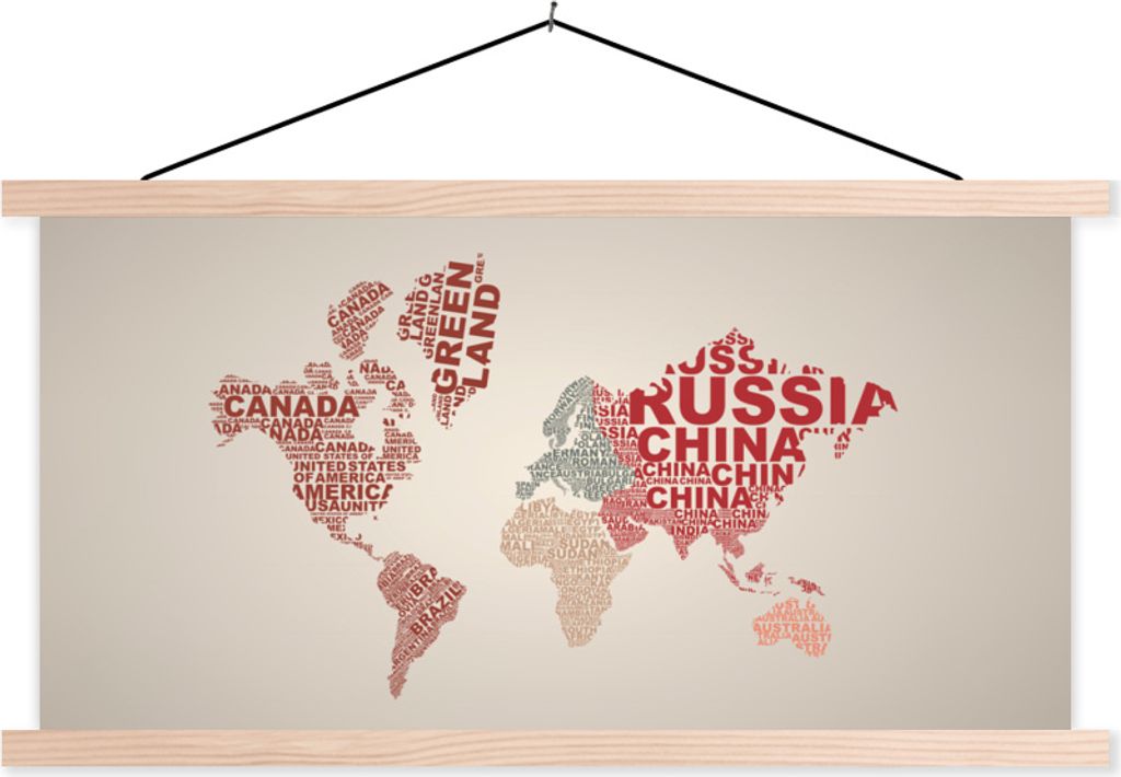 MuchoWow Textilposter Weltkarte - Buchstaben - Regenbogen 60x30 cm mit holzfarbenen Rahmen - Dekoration