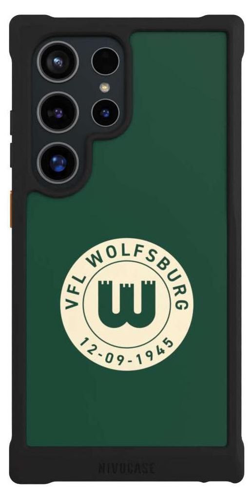NIVOCASE Hülle für Samsung Galaxy S24 Ultra Stoßfeste Handyhülle NIVOmax Case Schwarz Offizielles Lizenzprodukt VfL Wolfsburg 80 Jahre