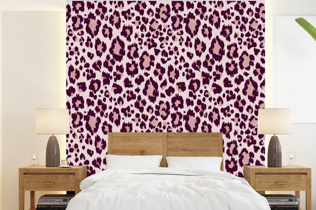 MuchoWow Fototapete für Wohnzimmer oder Schlafzimmer Wandtapete Vinyl Motivtapete Schnittmuster - Panther - Rosa - 200x220 cm - Vinyltapeten