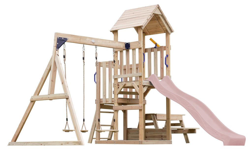 AXI Mette Spielturm aus Holz mit 2 Schaukeln | XXL Spielhaus / Spielplatz für Kinder mit Picknicktisch, Sandkasten & Rutsche, Pastellrosa | Schauk...