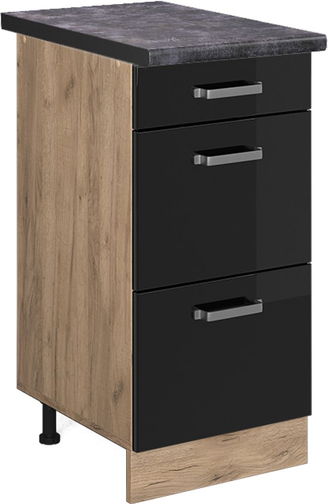 Küchenunterschrank Vicco R-Line Schwarz Hochglanz 40 cm mit Schubladen, AP Anthrazit, Model 46672