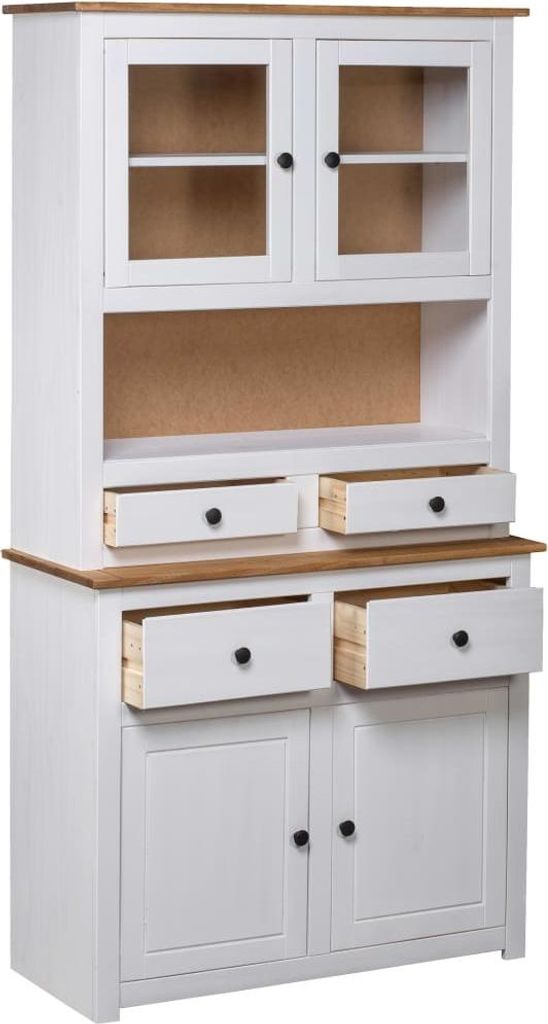 A white and brown highboard with glass doors and drawers.