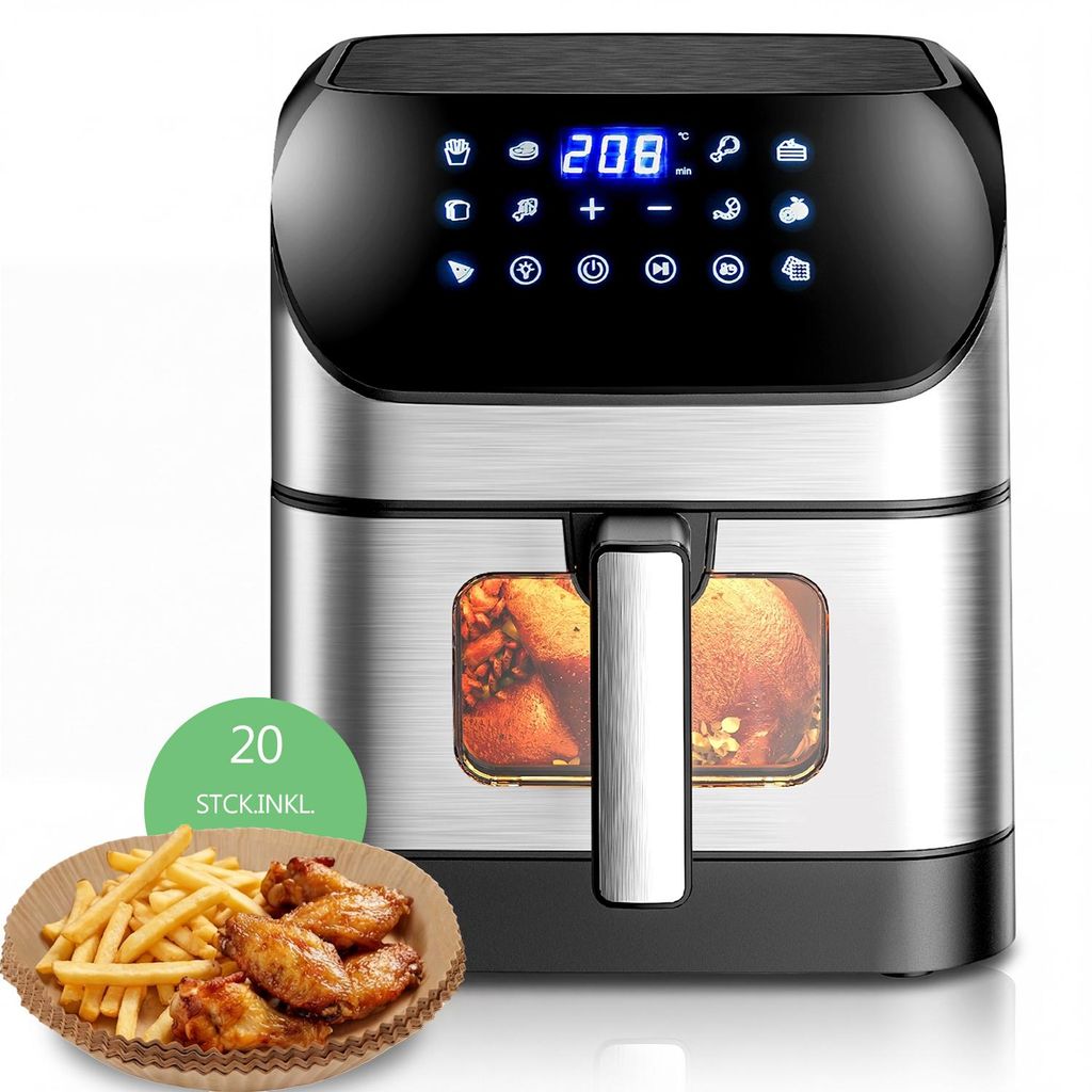 OYAJIA Heißluftfritteuse 8 Liter mit 20 Stk Backpapier, 1800W, 10-in-1 Airfryer, Air fryer, Spülmaschinenfeste Körbe, 10 Programme, Grillen, Backen
