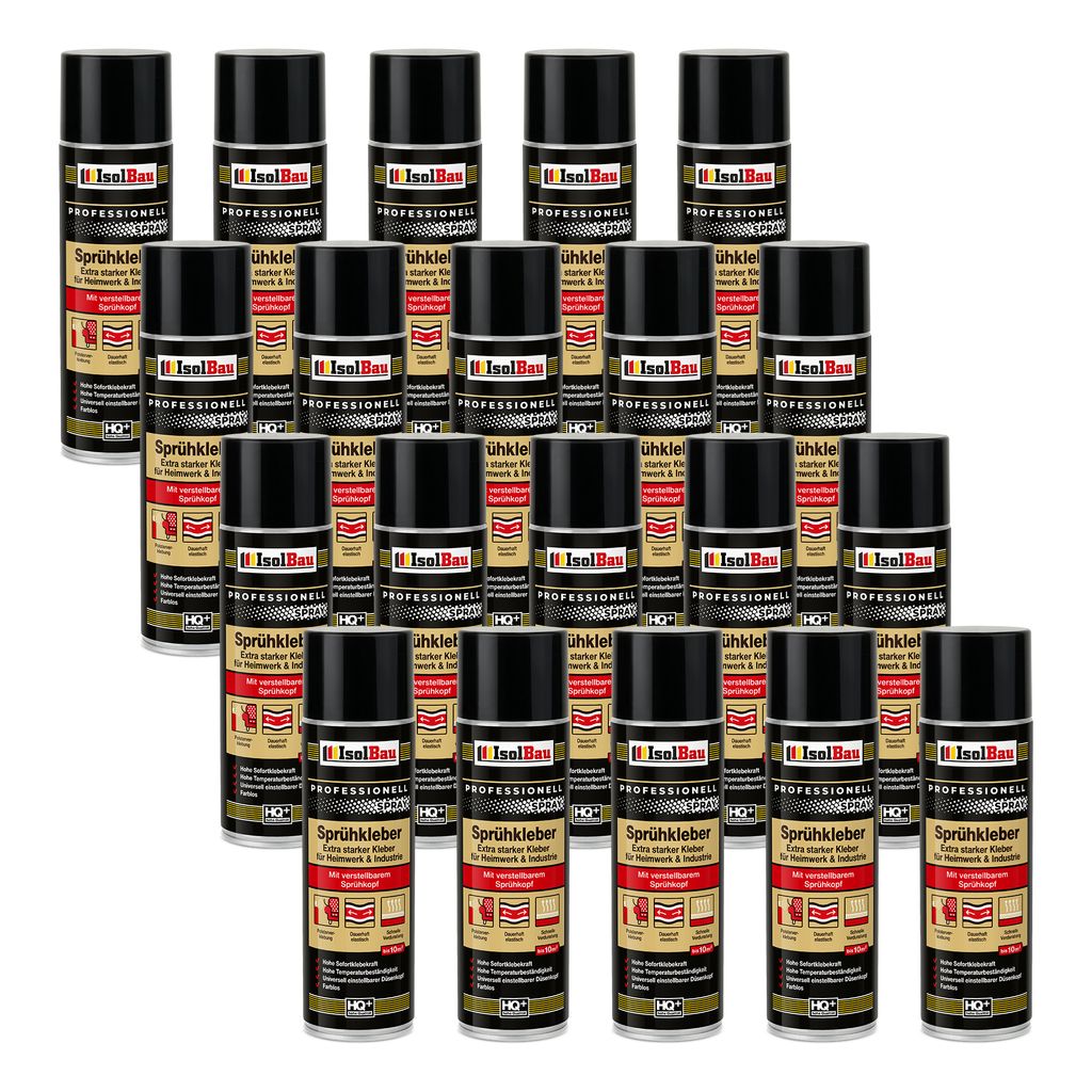 Isolbau Sprühkleber - 20 x 500 ml Extra starker Kleber für Heimwerk & Industrie - Klebe-Spray für Schaumstoff, Holz, Stoff, Leder, Filz uvm