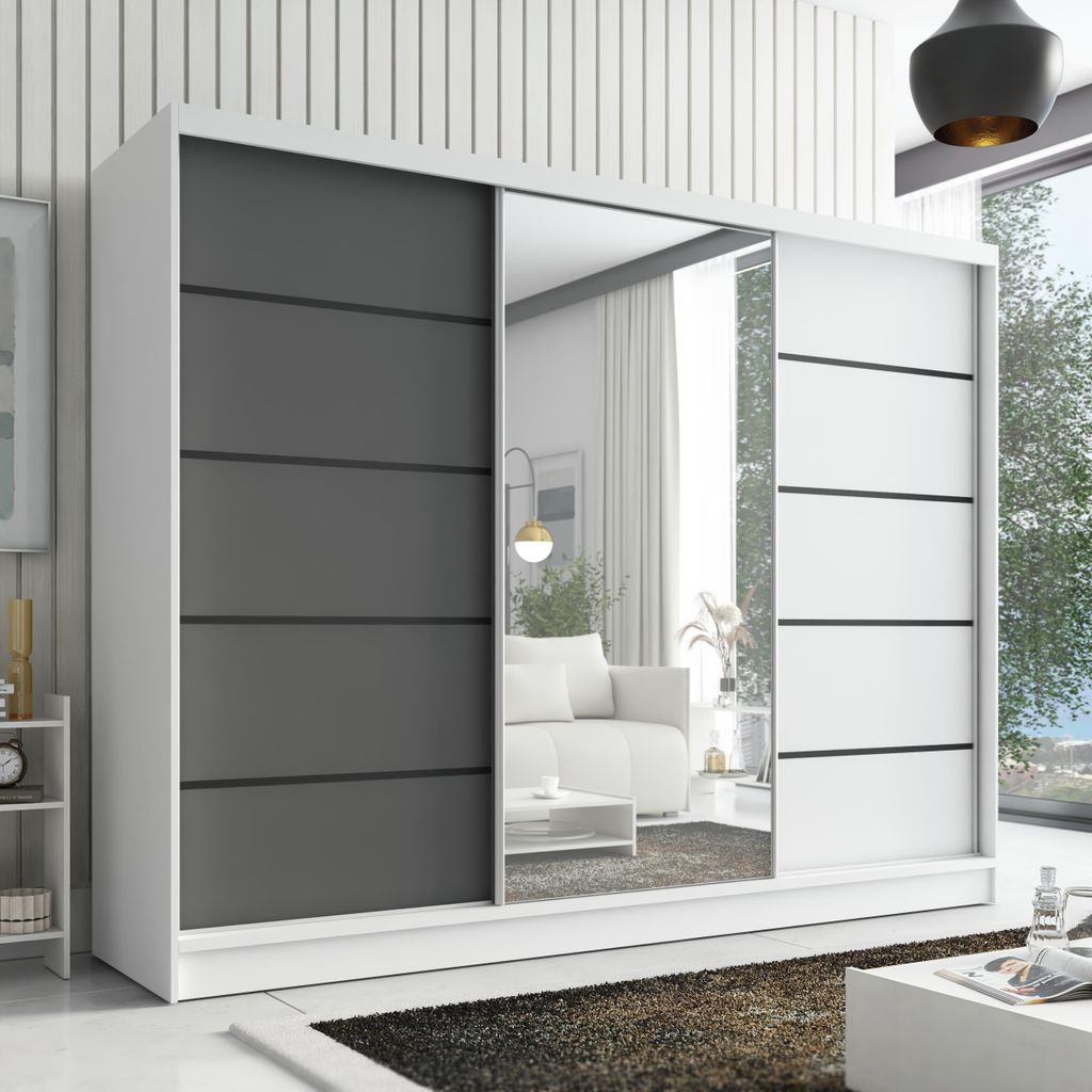 Schwebetürenschrank AURELIA 2, 3-türig Schrank 200 cm Kleiderschrank mit Schubladen, und Spiegel. Farbe: Weiß / weiß / Graphit