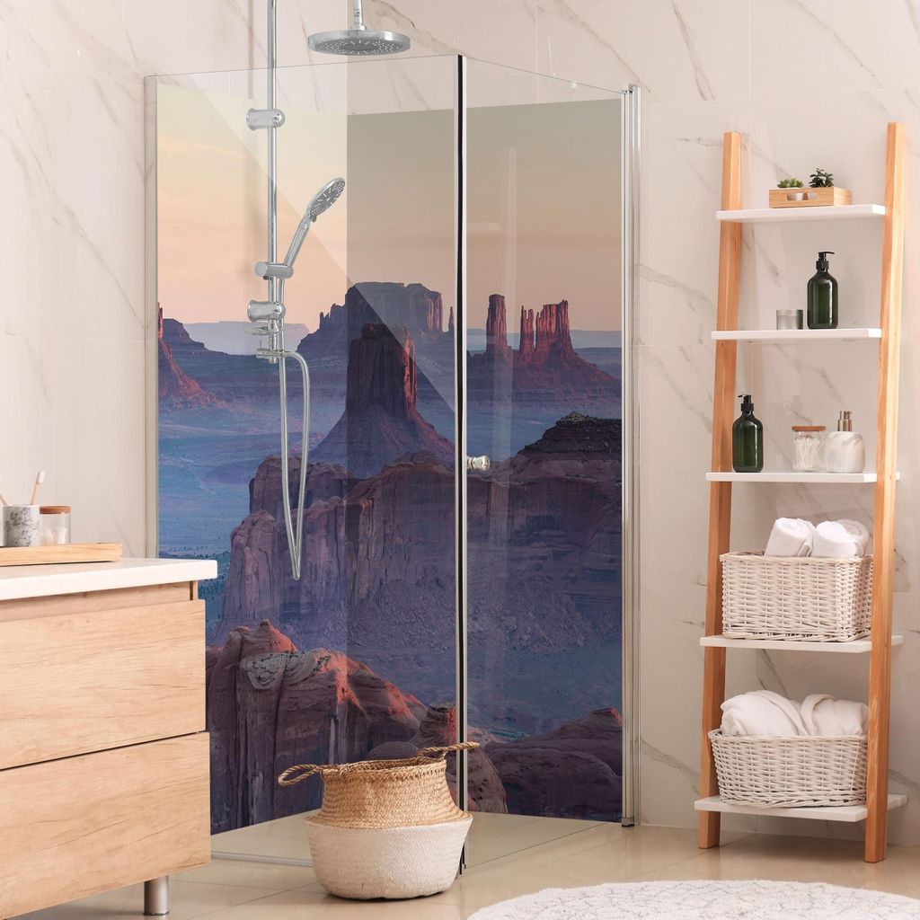 Duschrückwand Natur selbstklebend - 0.35 mm Wandpaneel wasserfest Wüste violett Steinoptik Motiv Badrückwand fugenlos Smart matt 90x190 cm