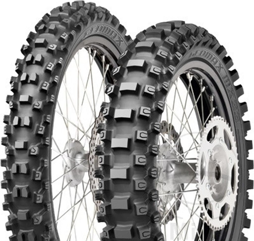 Two motorcycle tires are shown against a white background.