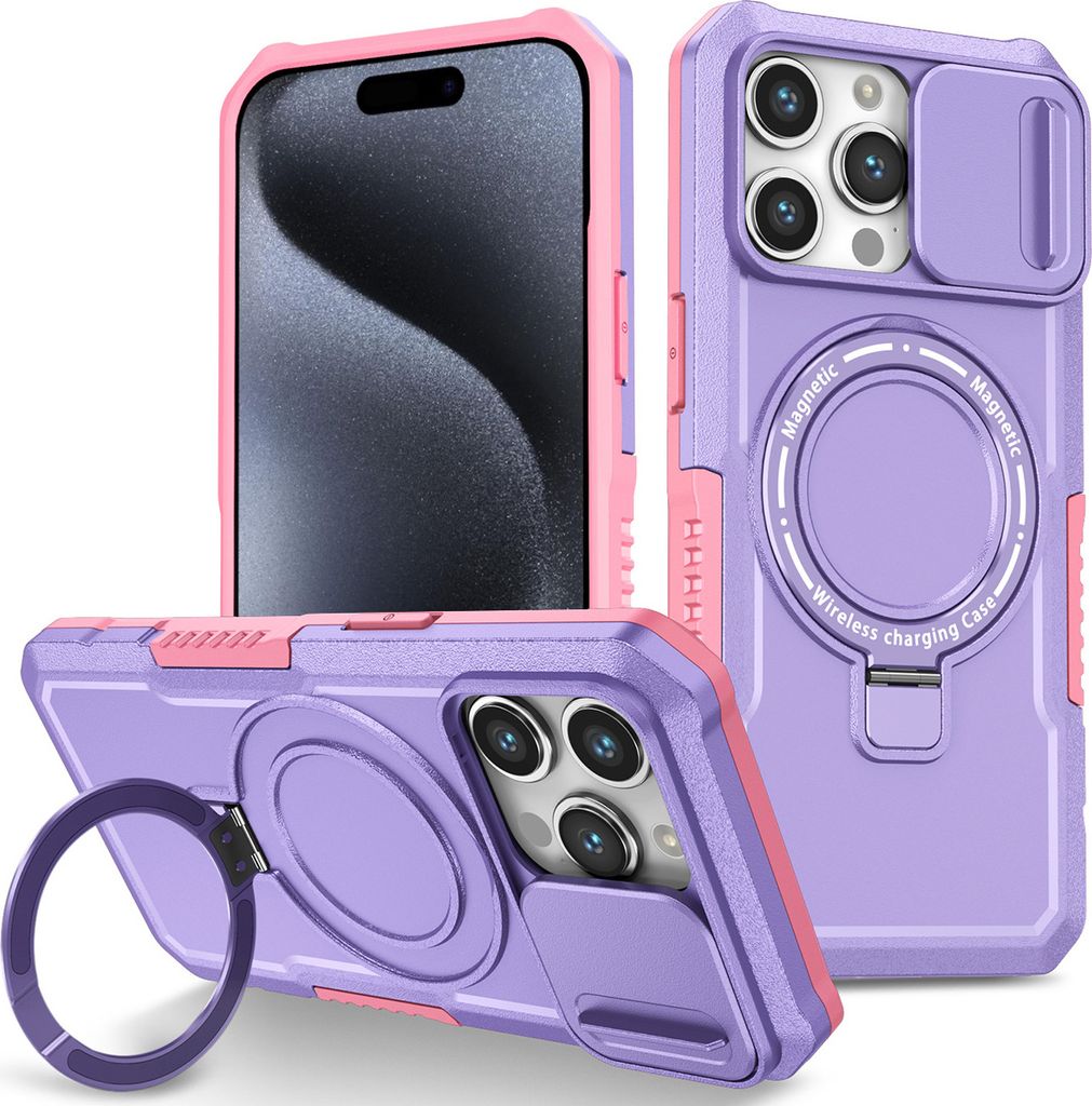 Handyhülle für iPhone 15 Pro Max Kompatibel mit MagSafe, Robuste Hülle mit Schiebe Kamera Schutz, Magnetischer Ringständer Lila
