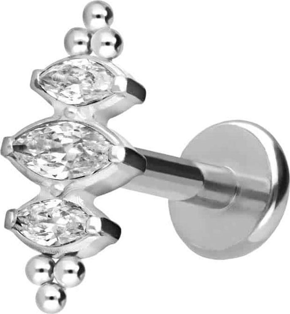 Ohrpiercing, Nasenpiercing Titan Labret mit Push Fit 3 EINGEFASSTE KRISTALLTROPFEN + KUGELN Silber Stablänge: 9mm | Stabstärke: 1,2mm