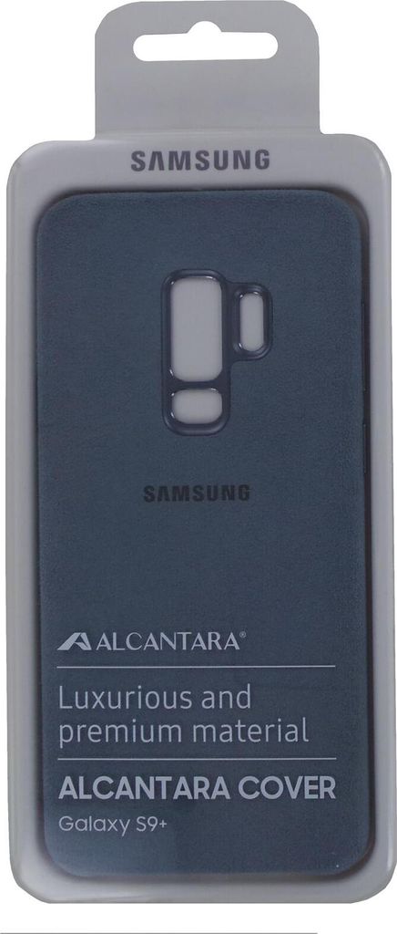 The image shows the packaging of a Samsung Alcantara cover for a Galaxy S9+.