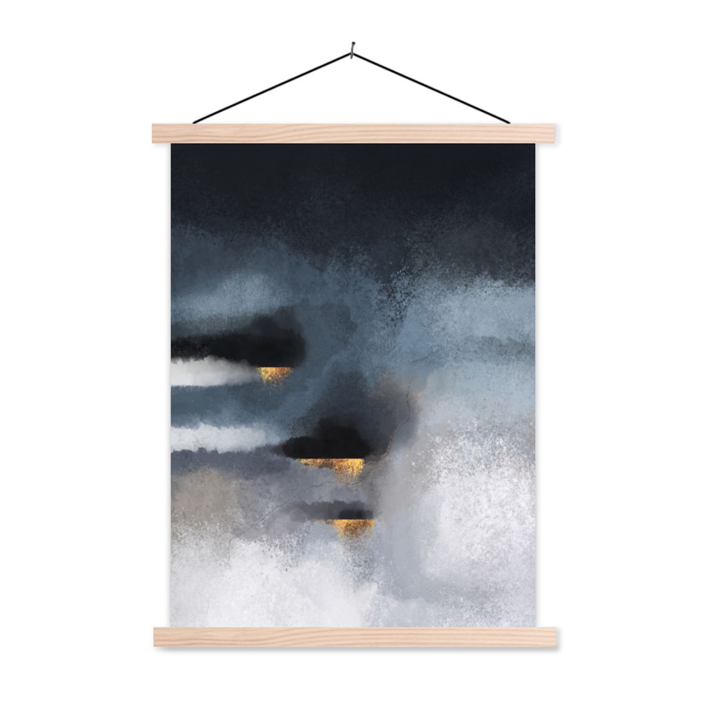 MuchoWow Textilposter Wolken - Gold - Abstrakt 60x80 cm mit holzfarbenen Rahmen - Wandbild