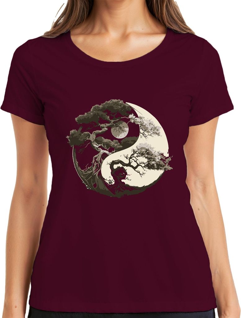 Baum des Lebens Yin Yang Mond Zen Balance Natur Meditation Yoga Damen T-Shirt, Burgundy, 3XL