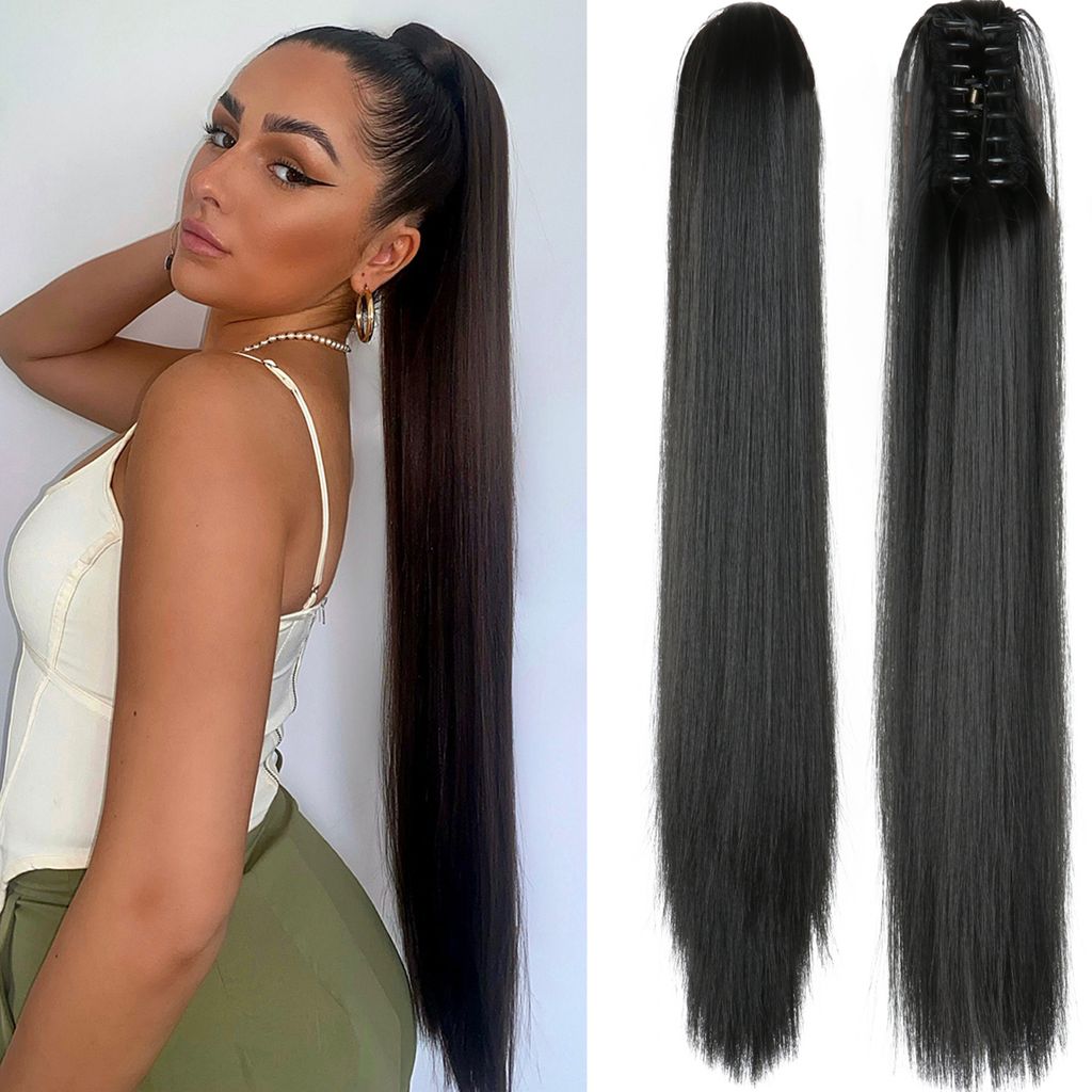 Pferdeschwanz Extensions Schwarz – Clip-In Hairextensions – Brasilianische Ponytail Verlängerung – Haarteil – 60 cm