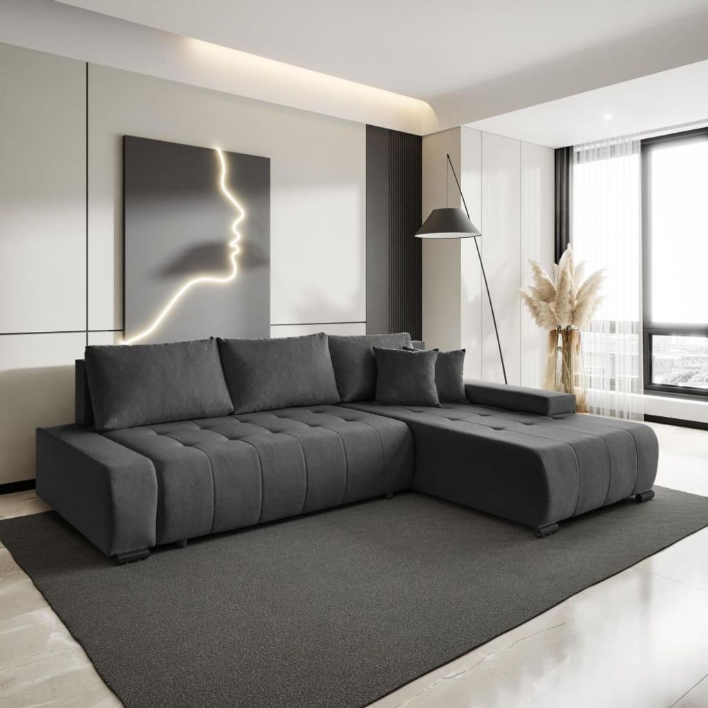 Ecksofa DRACO L mit Schlaffunktion & Bettkasten, Barrel in Graphit, Ottomane Rechts