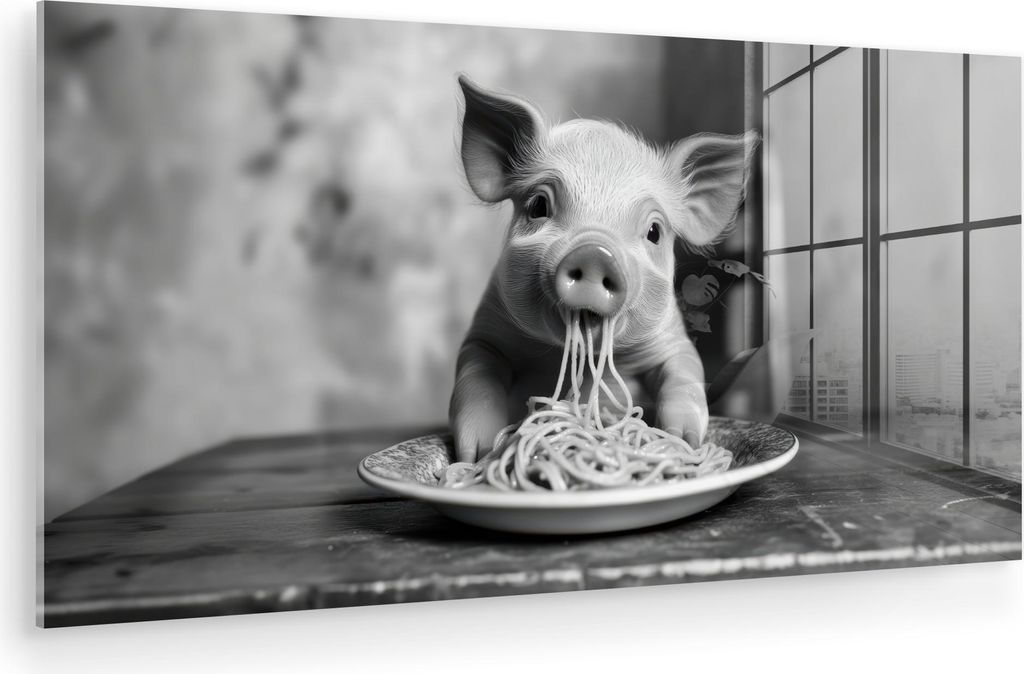 MuchoWow Glasbilder - Bilder auf Wandbild - Foto auf Glas Schwein - Niedlich - Spaghetti - Schwarz und weiß - Tier 80x40 cm Wanddekoration aus Gla...