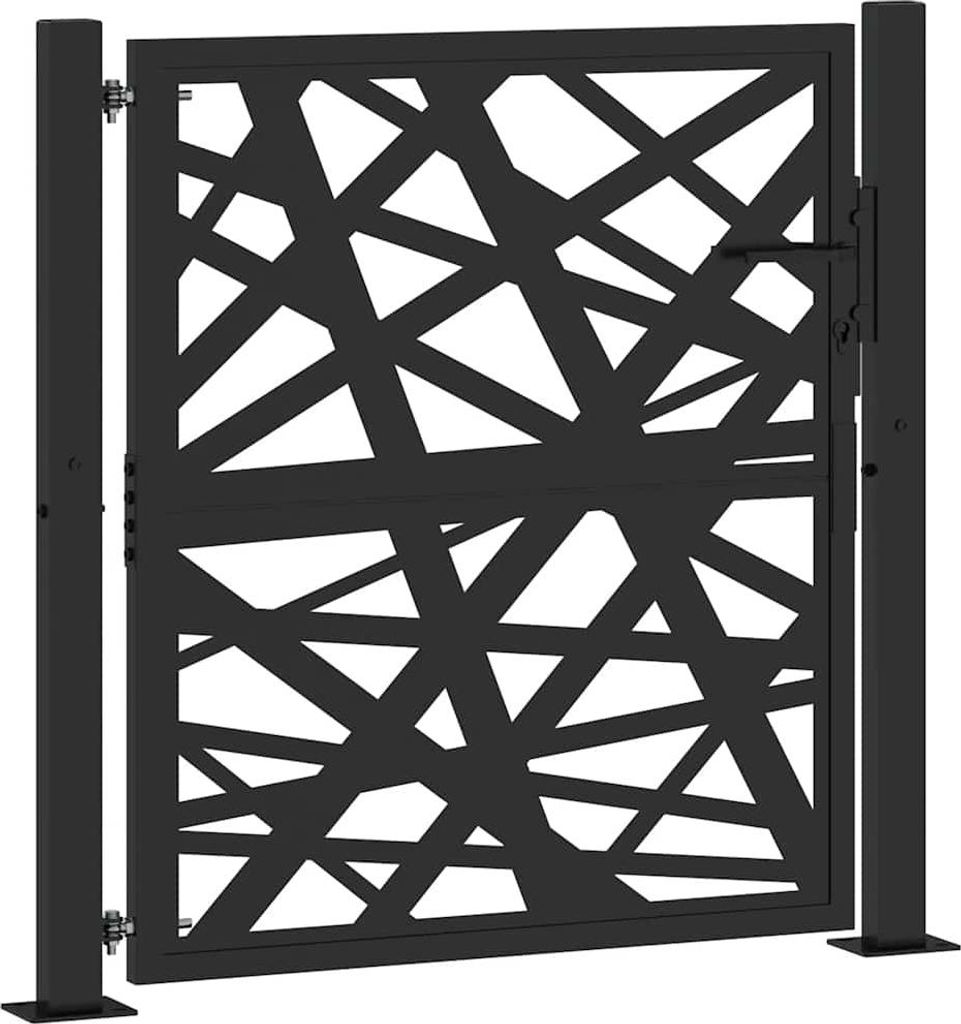 A black metal garden gate with a decorative cutout pattern, shown standing upright between two posts.