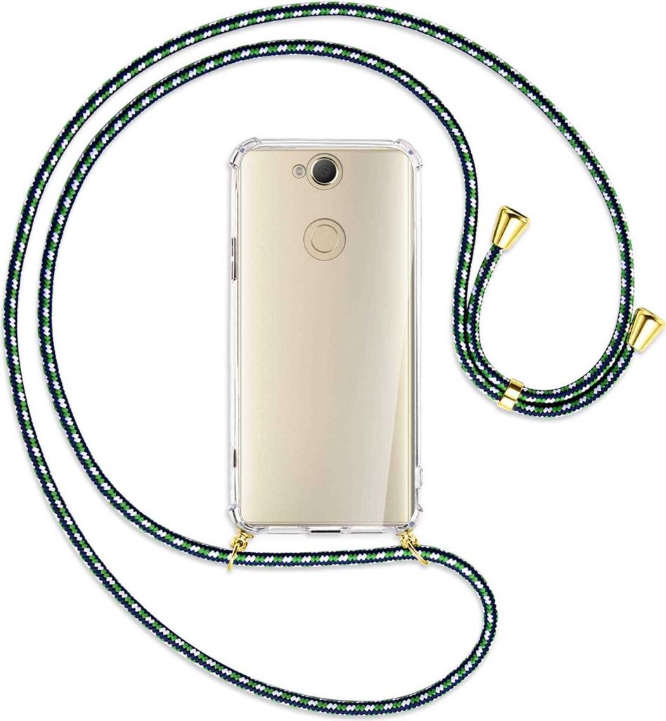 Handykette Backcover-Schutzhülle mit Band (Metall goldfarben) für Sony Xperia XA2 Plus - grün/blau/weiß