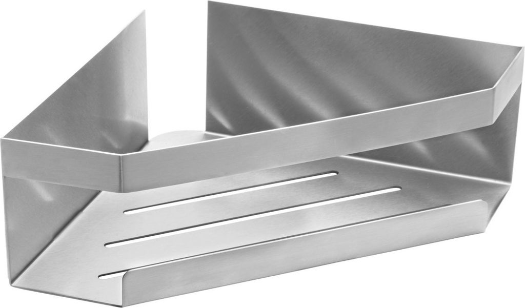 A silver-colored metal corner shelf with a slatted bottom.