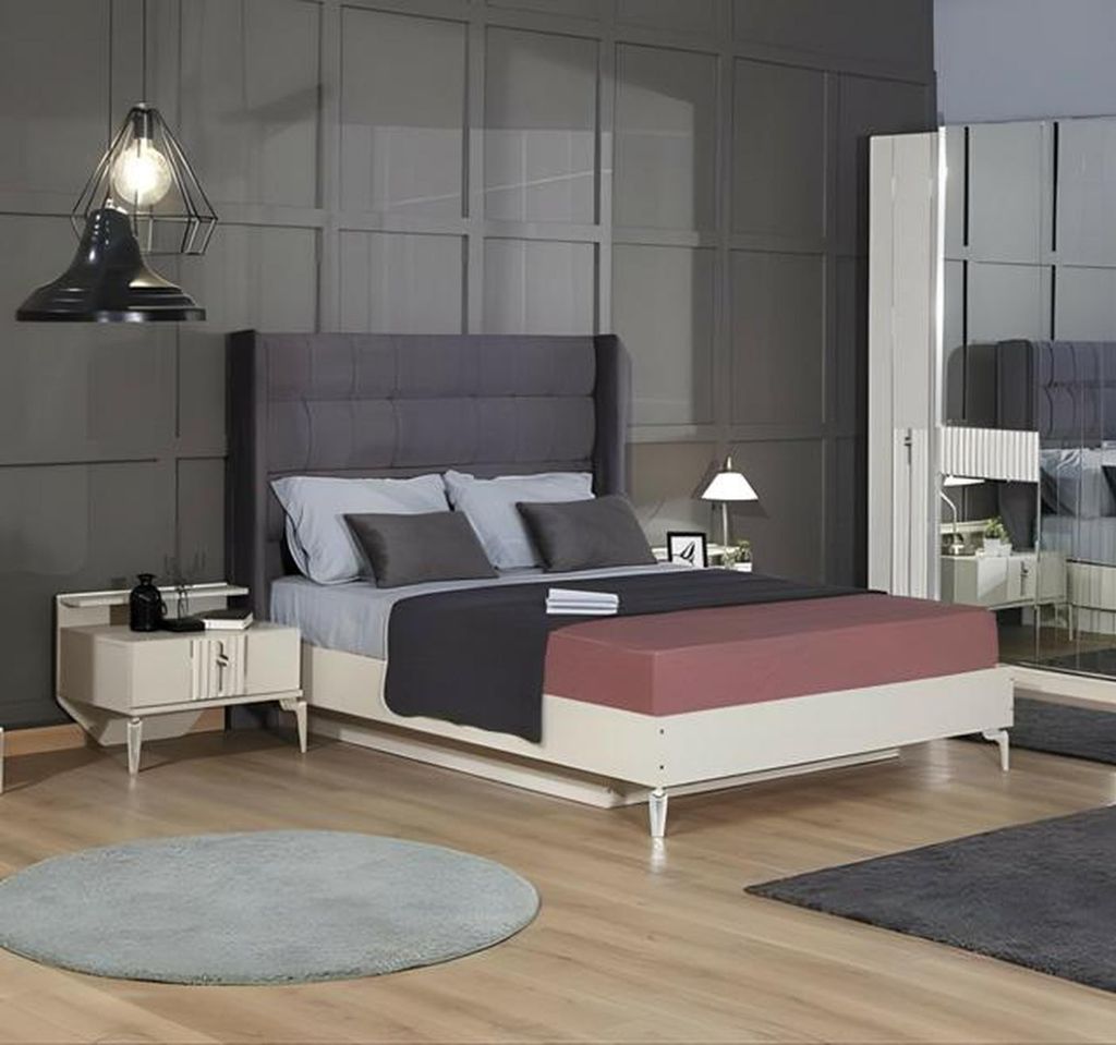 Komplette Schlafzimmer Doppelbett Nachttische Schrank Stoff 4tlg Beige